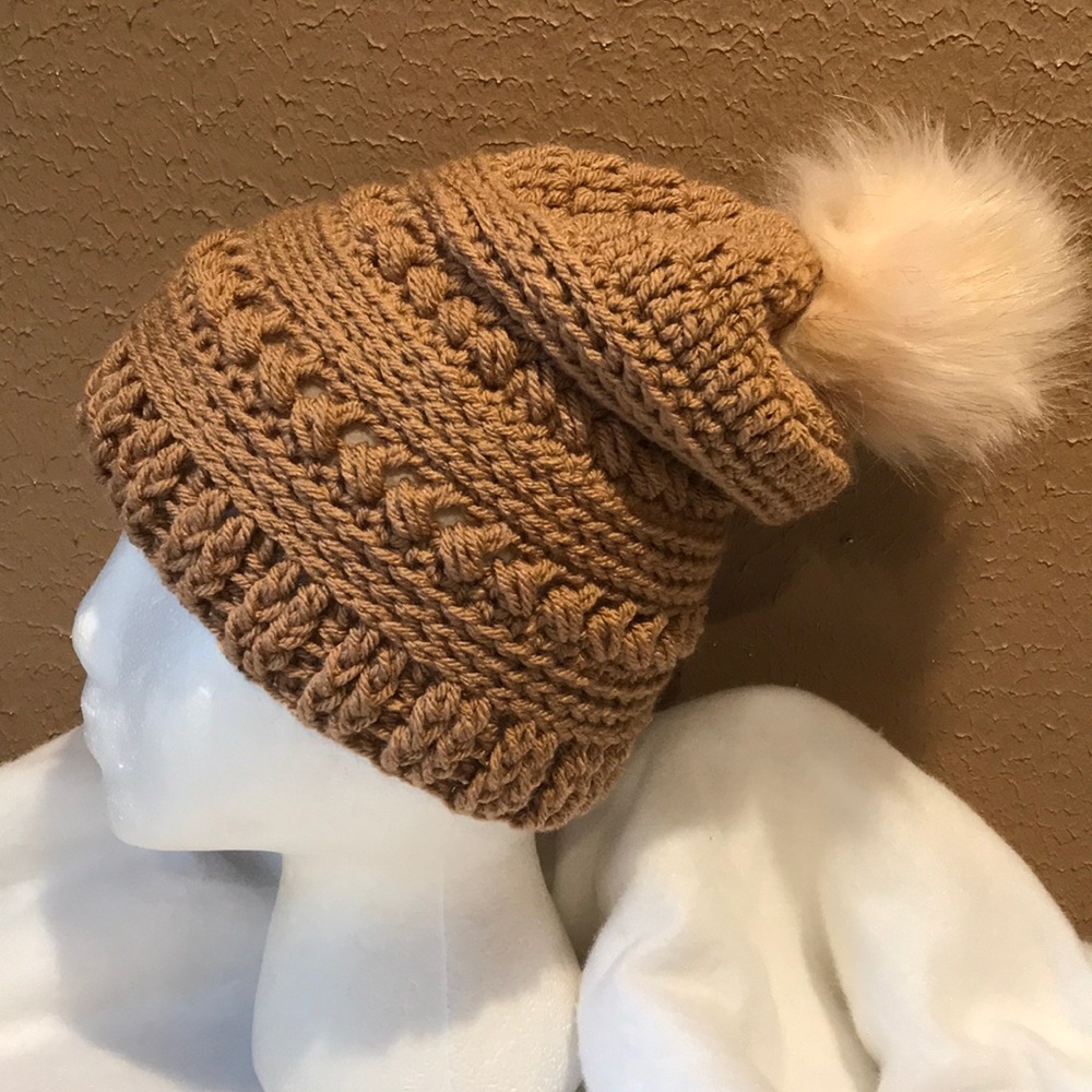 Hand Crocheted Slouchy Hat/Faux Fur Pom Pom